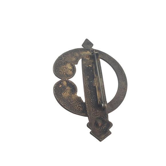 Vintage Victorian Revival Brass Brooch Faux Pearl Amber Glass Cabochons Celtic - Picture 10 of 11